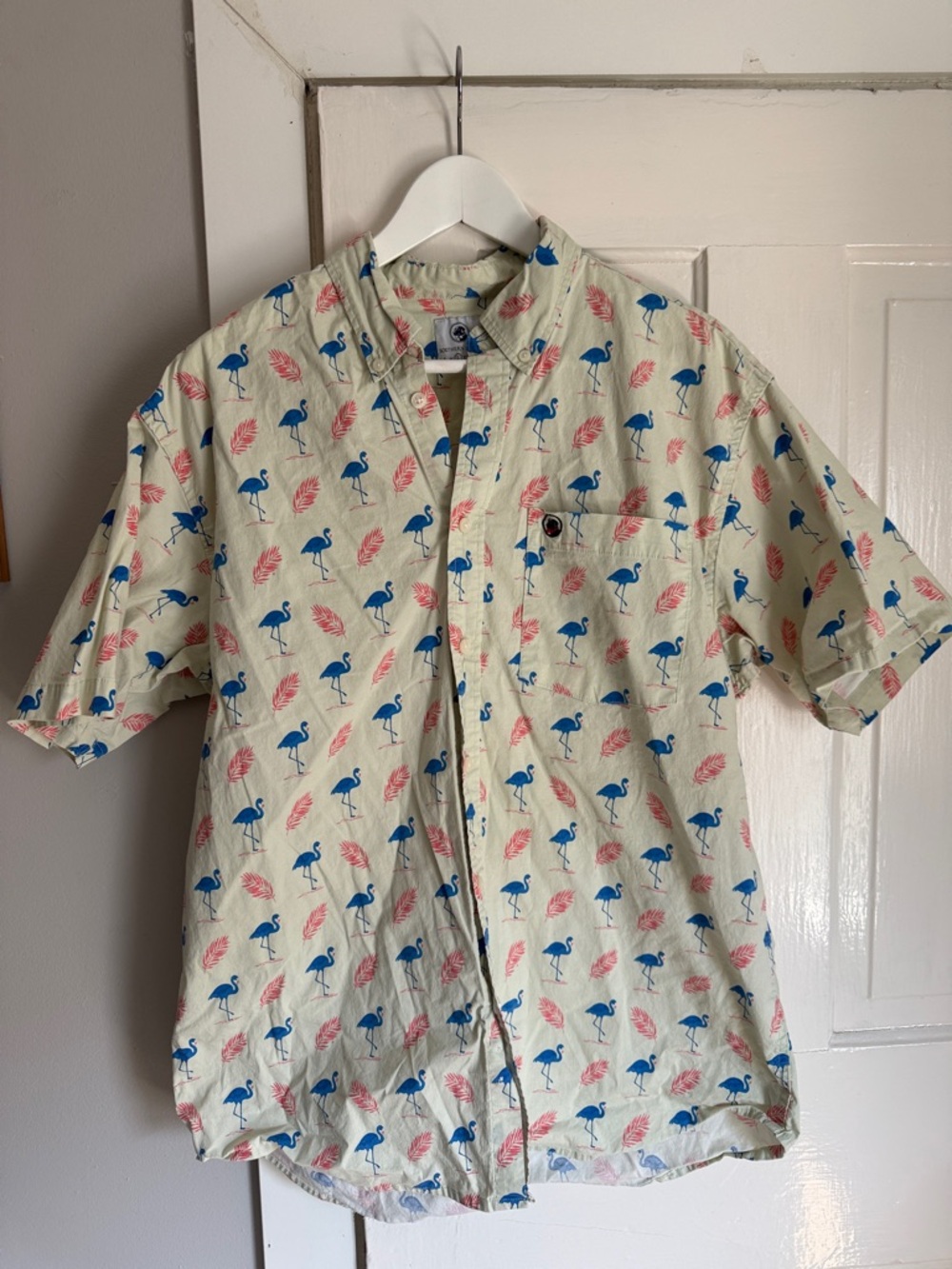 Southern Proper Short Sleeve Flamingo Print Shirt - Blue & Pink on Cream